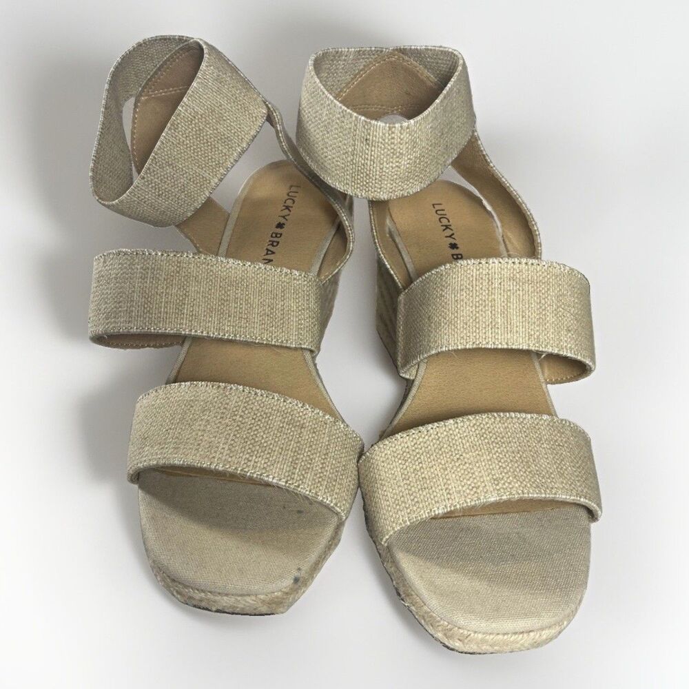 Lucky Brand Mindra Espadrille Wedge Sandals Beige Ankle Strap Size 7
